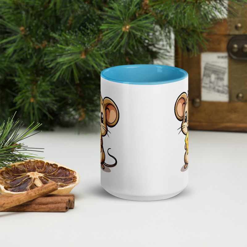 White Ceramic Mug with Color Inside,11&amp;15oz,Small Mouse happily licking large chunk of cheese,pqapy6