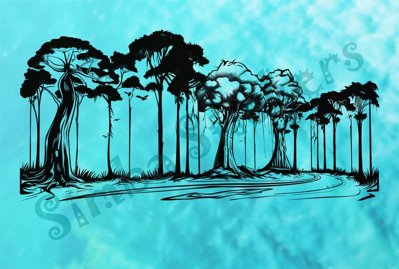 Equatorial Rainforest landscape, tall trees and winding road, outline art