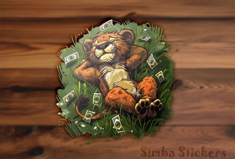 Simba Lion cub lying in satisfaction on grass with money around, uqhqc8