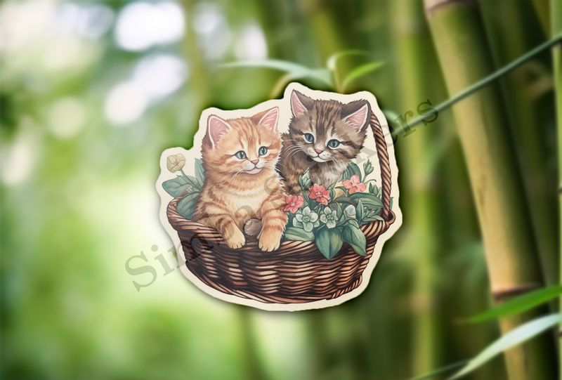Two kittens in a flowery basket, vintage watercolour