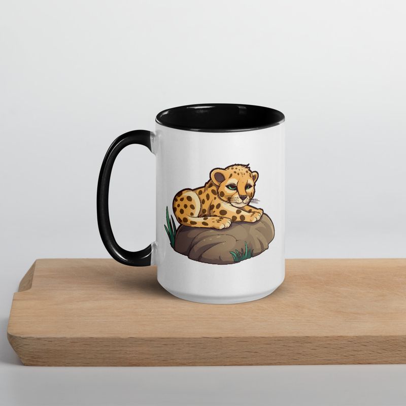 White Ceramic Mug with Color Inside, 11oz &amp; 15oz, Baby cheetah on a rock, head-to-head
