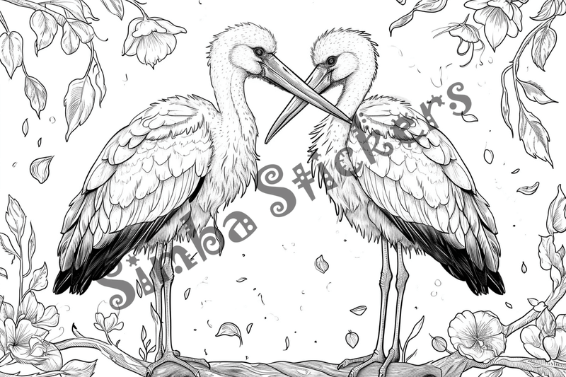 Colouring pages, bundle of marabou storks in love, 10 images