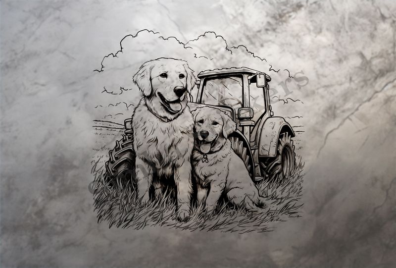 Dogs in love in front of a tractor, outline art, ys4y4f