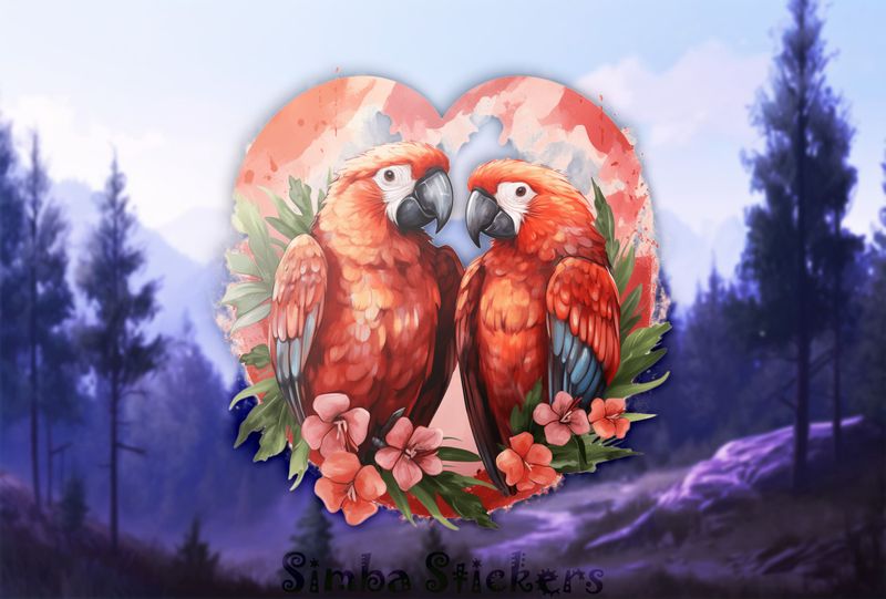 Reddish parrots in romantic reddish background, watercolour, ujfxjt