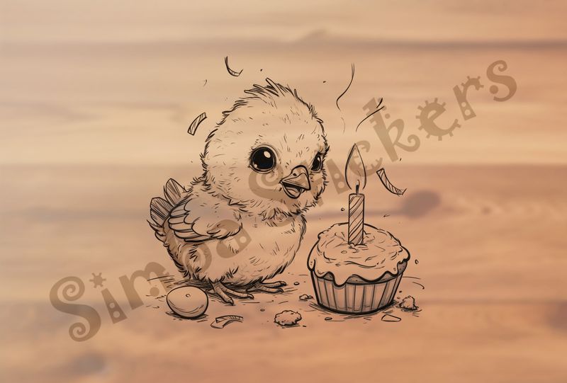 Chick blowing out a birthday candle on a cupcake, outline art