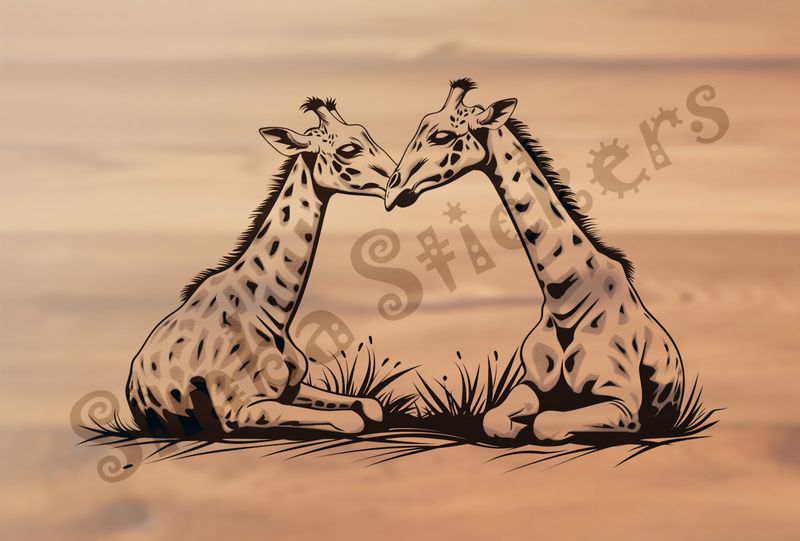 Giraffes nose-to-nose sitting in the Savanna, outline art