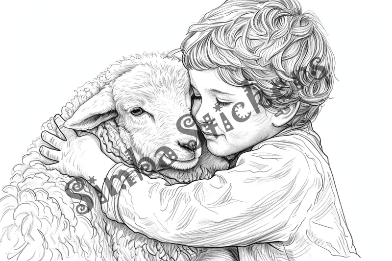 Colouring pages, bundle of sheep snugglig with child, 10 images