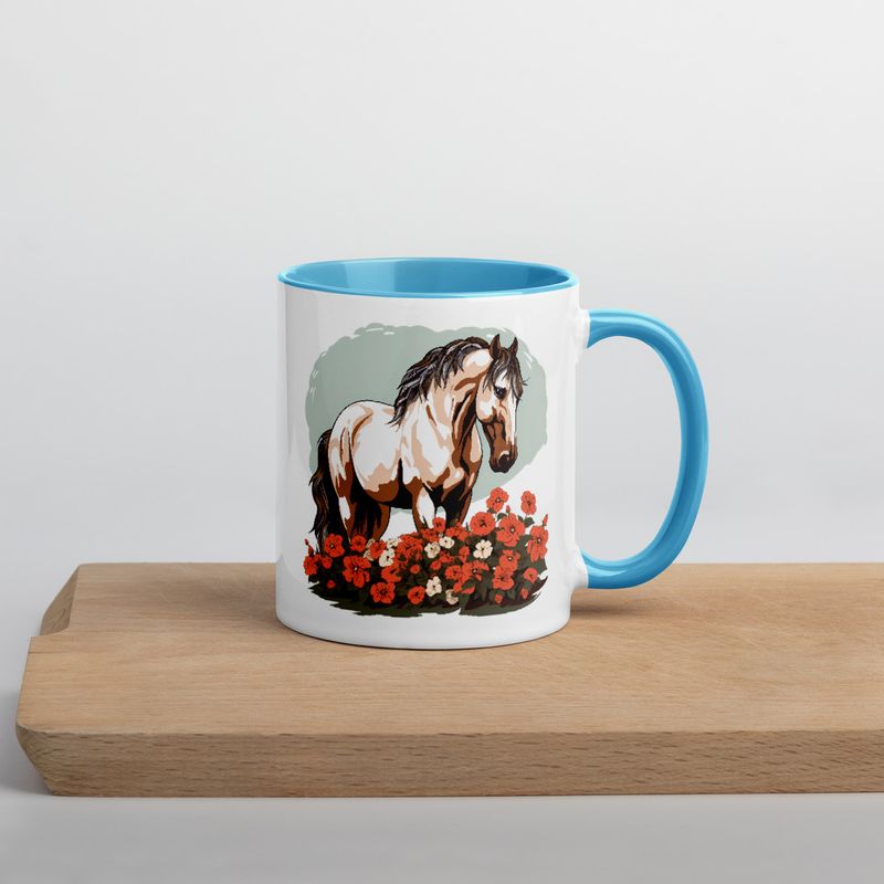 White Ceramic Mug with Color Inside, 11&amp;15oz, Brown horse in field of red flowers, n4w2fj