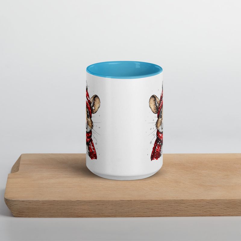 White Ceramic Mug with Color Inside, 11&amp;15oz, Mouse wearing red winter hat and scarf in snow, xg8dl3