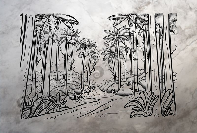 Equatorial Rainforest landscape, flowing river, outline art