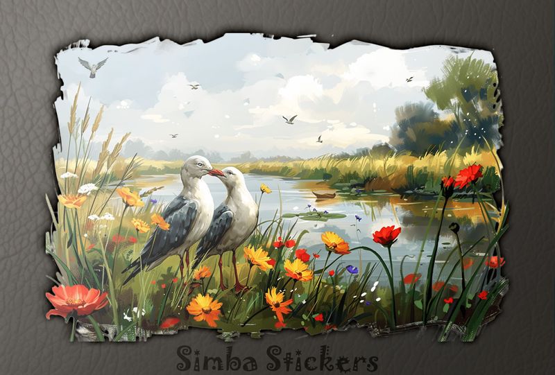 Seagulls in love on the bank of a creek, watercolour, cwaguy