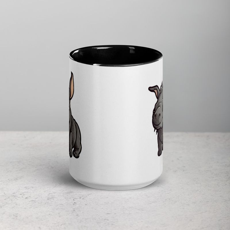 White Ceramic Mug with Color Inside, 11oz &amp; 15oz, Black rhino calf looking cute 