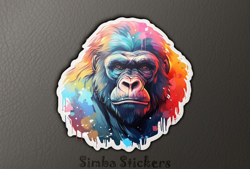 Gorilla staring straight ahead, colourful watercolour, vzntby
