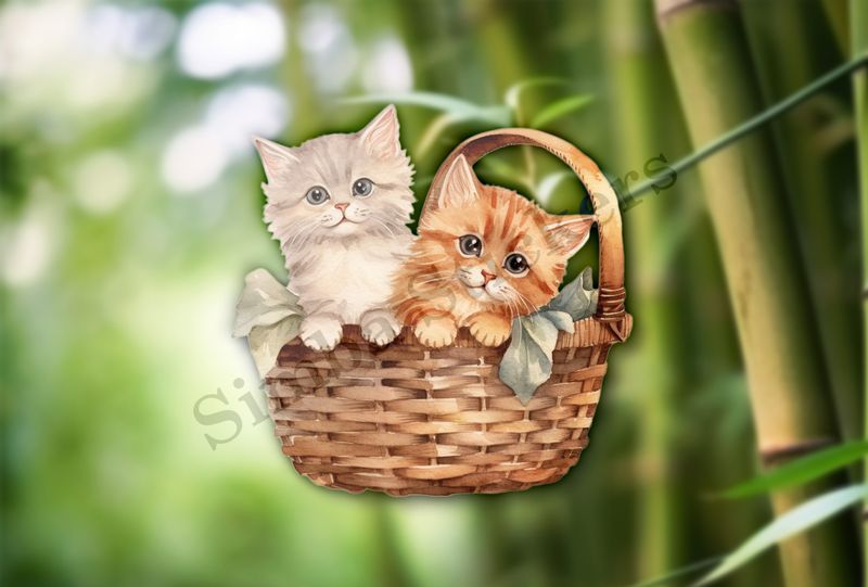 Two kittens in a leafy basket, vintage watercolour