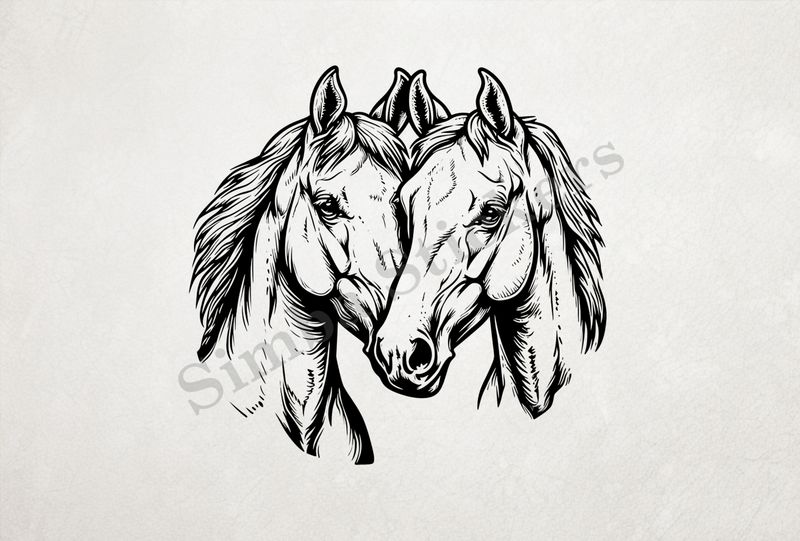 Horses in love, bust, outline art