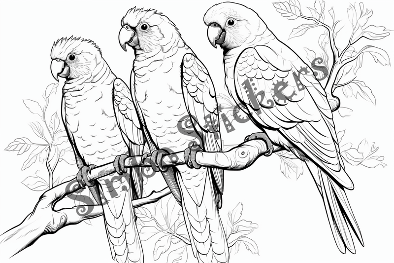 Colouring pages, bundle of parrots perching, 10 images
