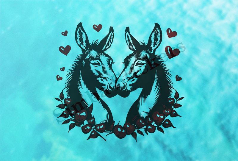 Donkeys in love, nose-to-nose, flower wreath, outline art