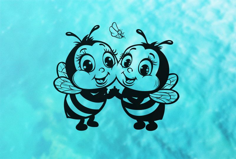 Bees holding hands and smiling, outline art