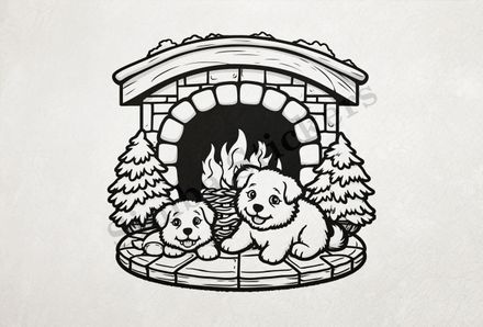 Dogs cuddling by the fireplace next to 2 small Christmas trees,  outline art