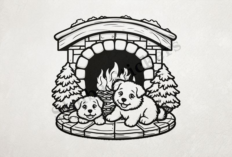 Dogs cuddling by the fireplace next to 2 small Christmas trees,  outline art