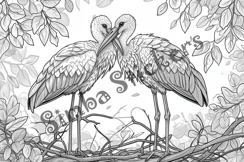 Colouring pages, bundle of marabou storks in love, 10 images