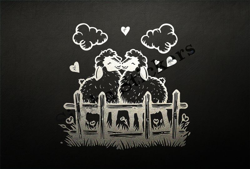 Sheep in love behind a fence, under clouds, outline art