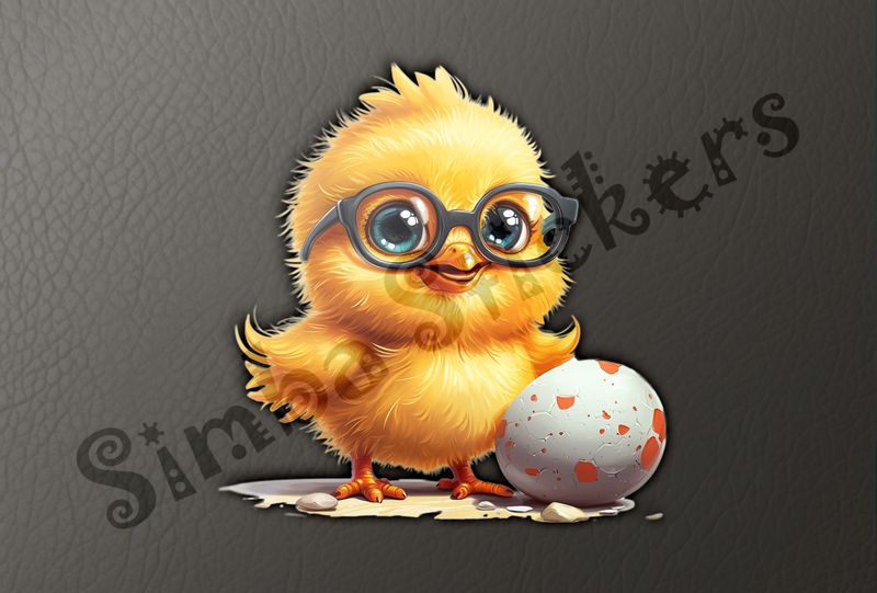 Chick in glasses standing next to small egg