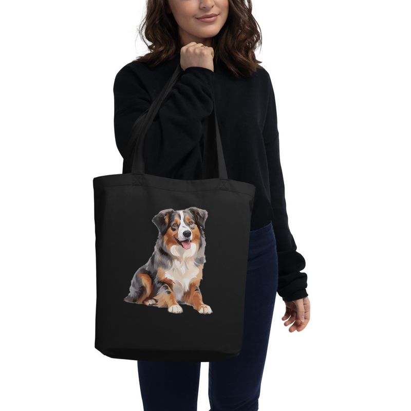 Eco Tote Bag, Australian Shepherd dog sitting with tongue out, multiple colours