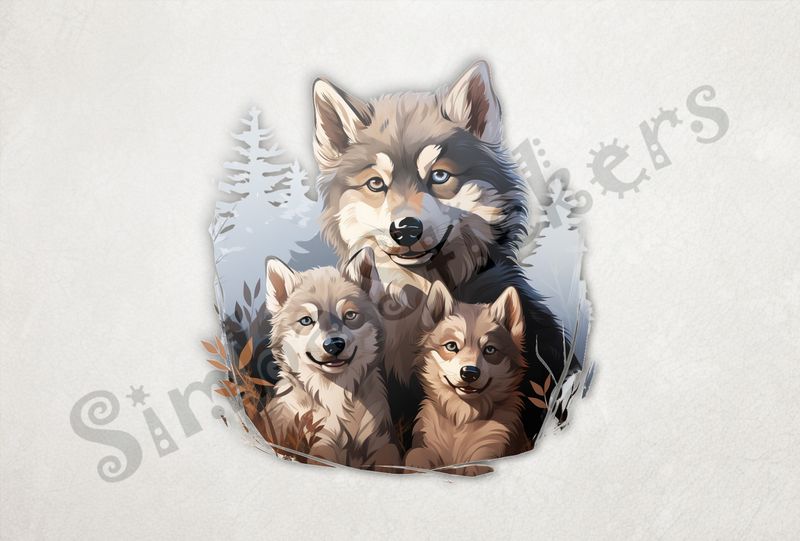 Wolf mother with 2 wolf cubs