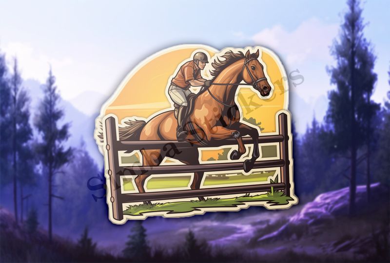 Horse with rider jumping over a fence, golden sky in background