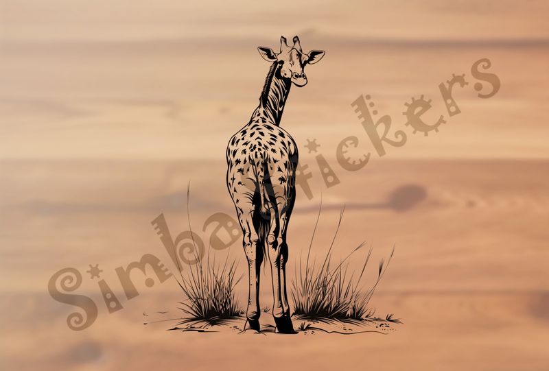 Giraffe from behind, head turned backwards to the right, outline art