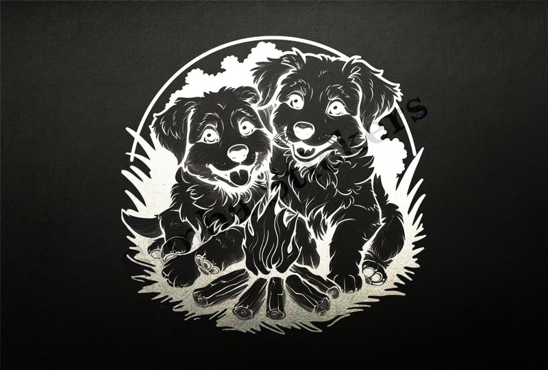 Dogs cuddling by a bonfire, outline art