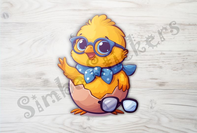 Chick in glasses and bowtie waving, spare glasses on floor