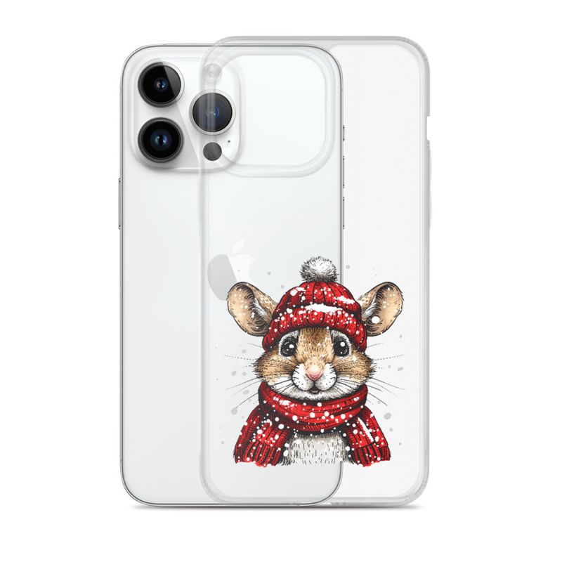 Clear Case for iPhone, Mouse wearing red winter hat and scarf in the snow, xg8dl3
