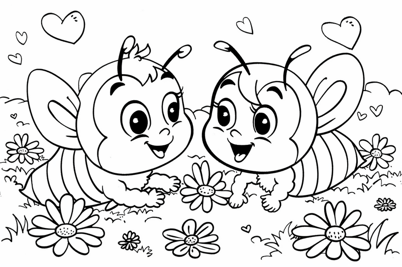 Colouring pages, bundle of bees in love, 10 images
