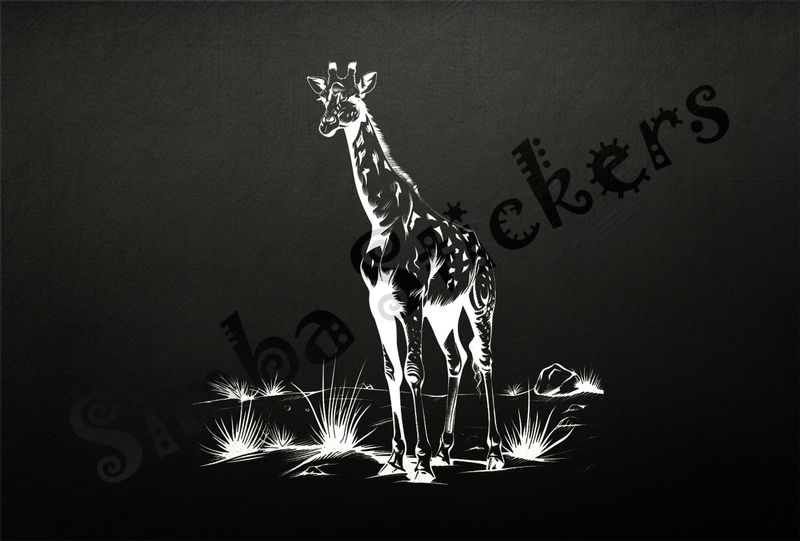 Giraffe facing frontwards in shrubs, outline art