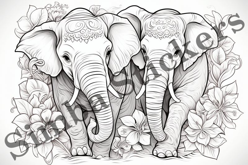 Colouring pages, Bundle of elephants in love, 10 images