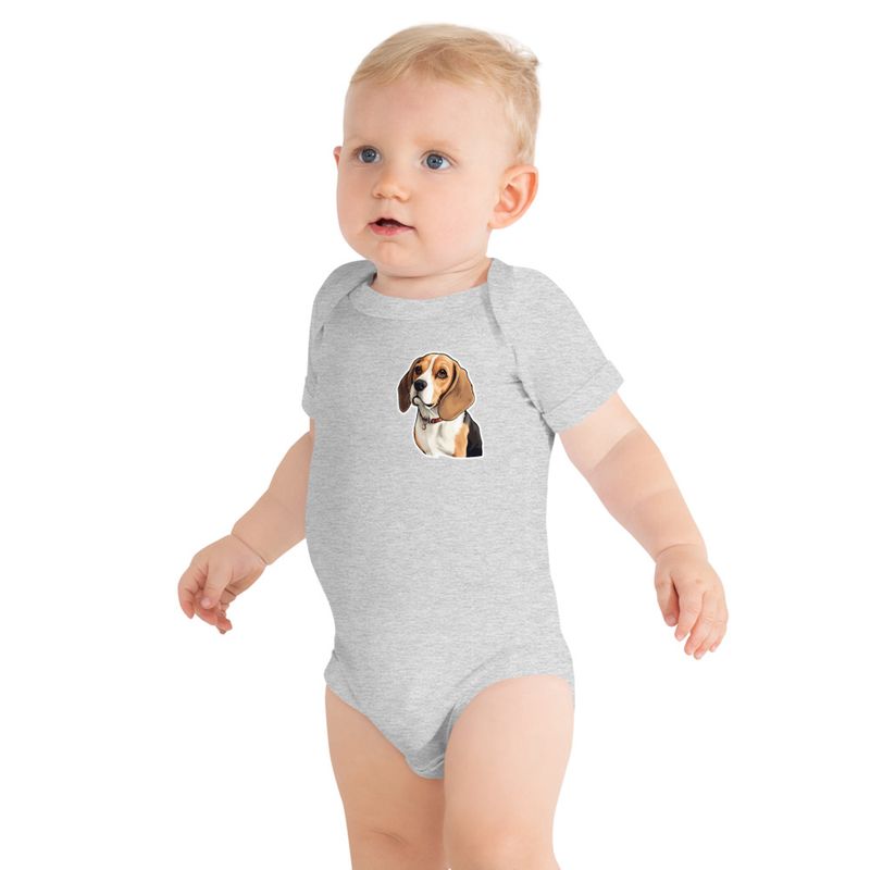 Baby Short Sleeve One Piece, 3-24 Months, Beagle dog with collar, left chest 