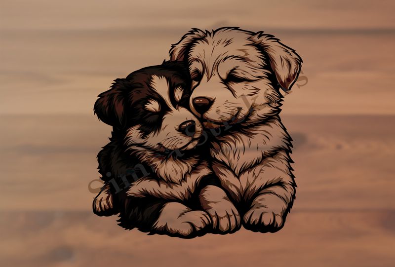 Cute dogs cuddling, outline art