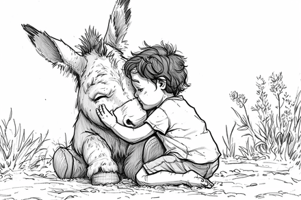 Colouring pages, bundle of donkeys with children, 10 images