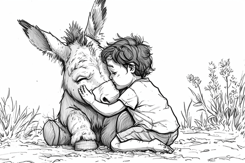 Colouring pages, bundle of donkeys with children, 10 images