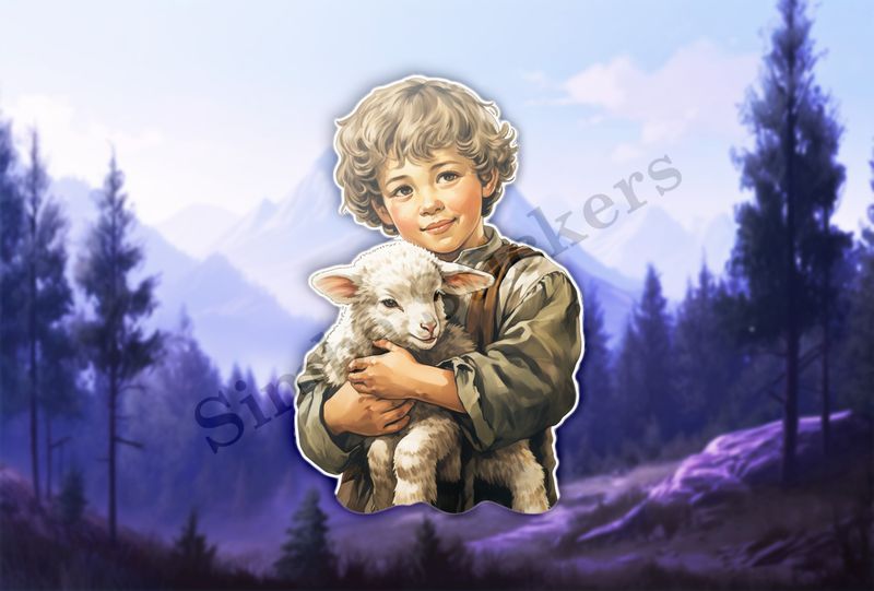 Lamb hugged by boy , vintage