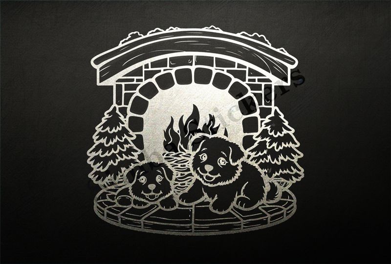Dogs cuddling by the fireplace next to 2 small Christmas trees,  outline art