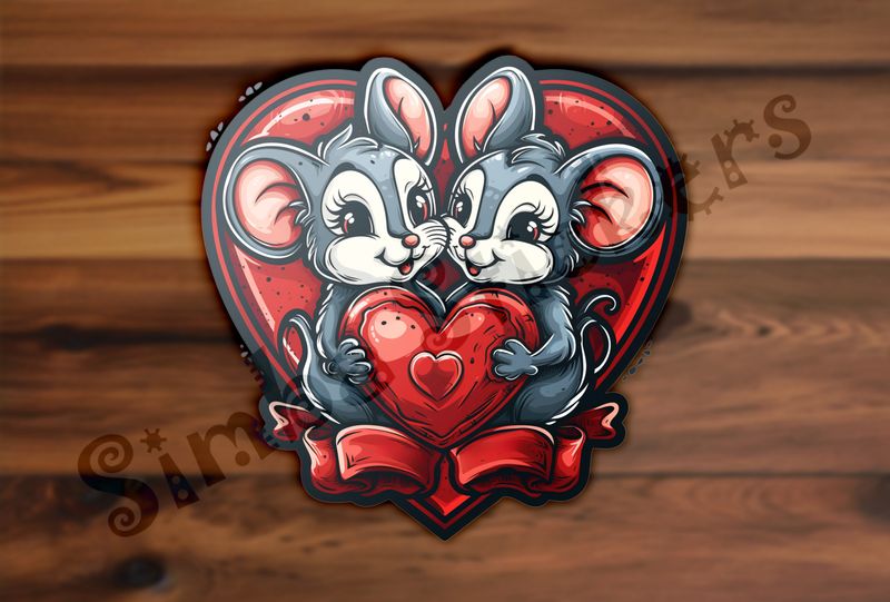 Mice in happily holding onto Valentine&#x27;s heart, inside larger heart