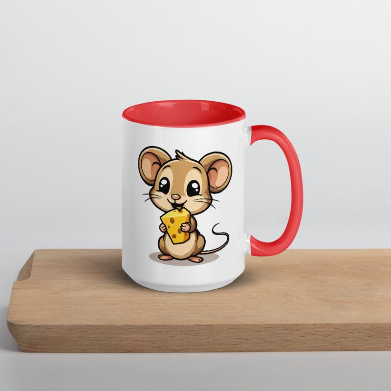 White Ceramic Mug with Color Inside,11&amp;15oz,Small Mouse happily licking large chunk of cheese,pqapy6