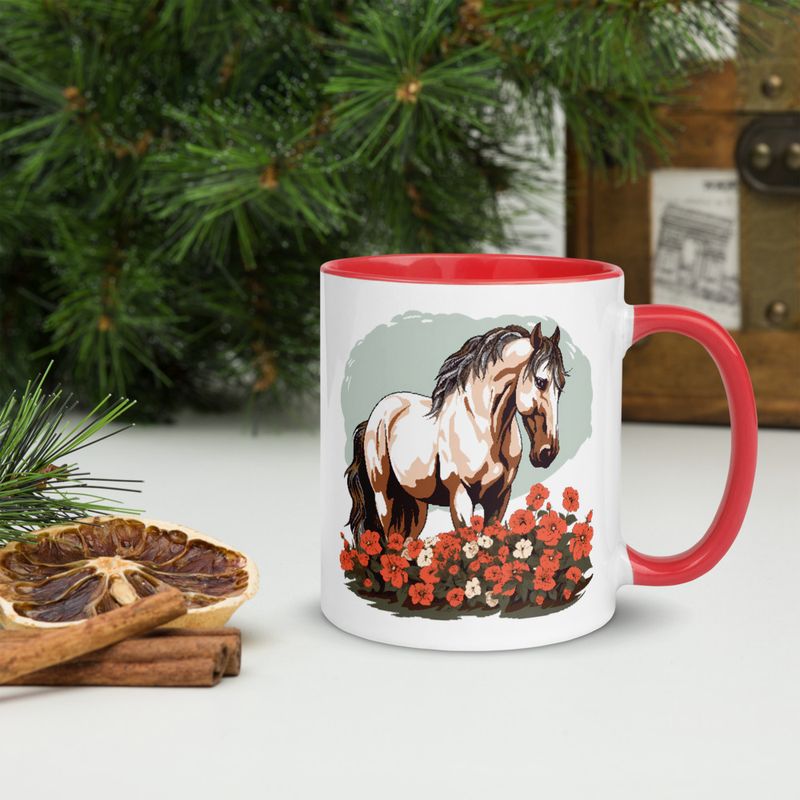 White Ceramic Mug with Color Inside, 11&amp;15oz, Brown horse in field of red flowers, n4w2fj