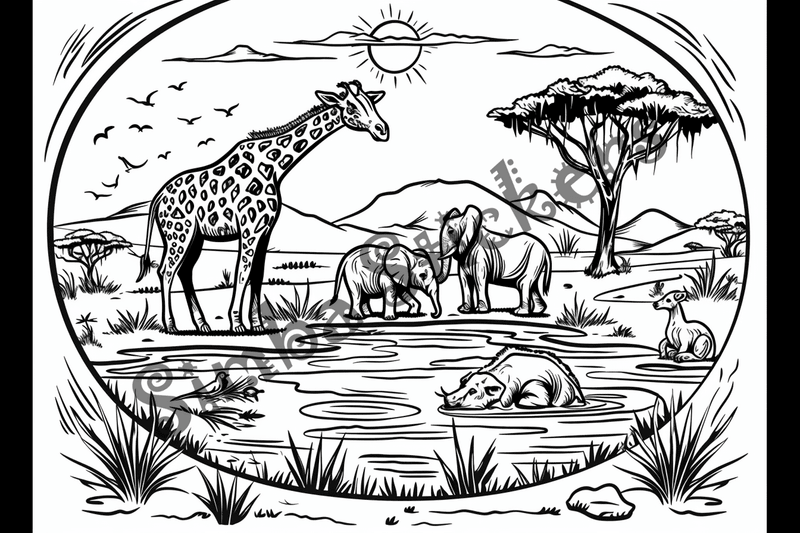 Colouring pages, bundle of African Savanna landscape, 25 images