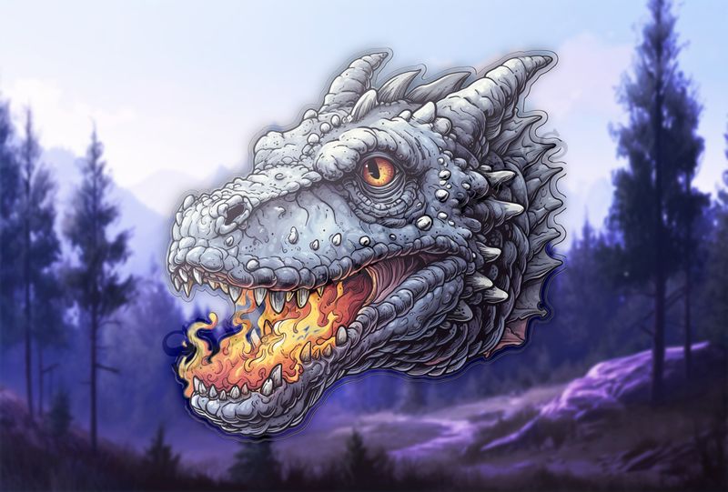 Fierce grey dragon breathing fire, face