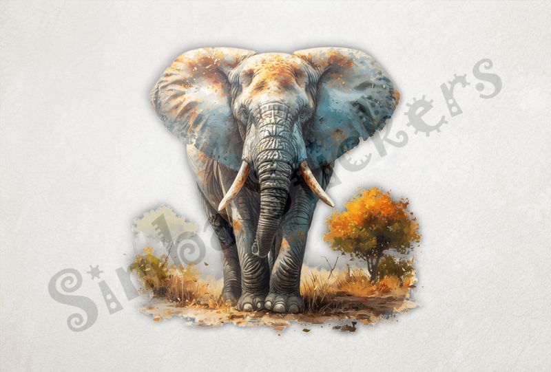 Elephant in brown grass, watercolour, rwl1rr