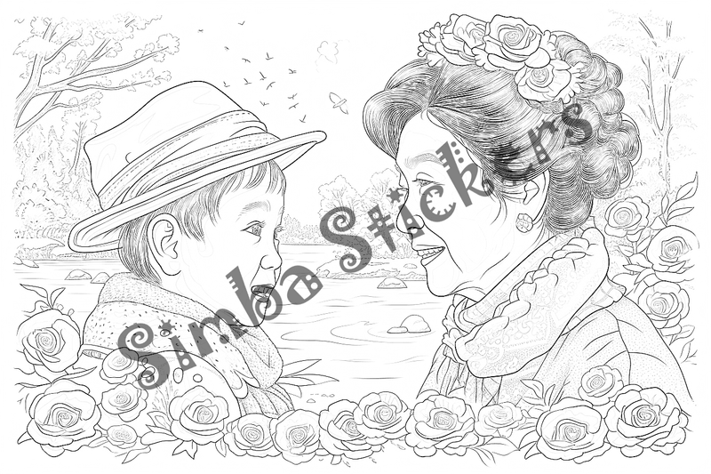 Colouring pages, bundle of people, grandmother with child, 10 images